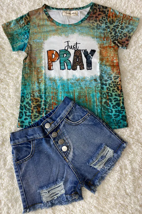 XCH0722-13H JUST PREY turquoise printed short sleeve girl t-shirt