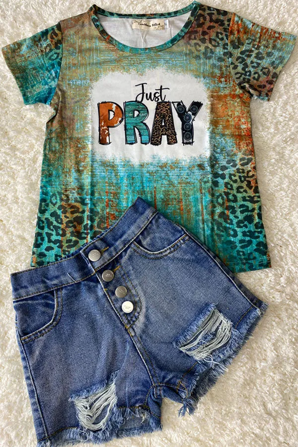 XCH0722-13H JUST PREY turquoise printed short sleeve girl t-shirt