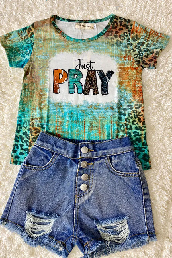 XCH0722-13H JUST PREY turquoise printed short sleeve girl t-shirt