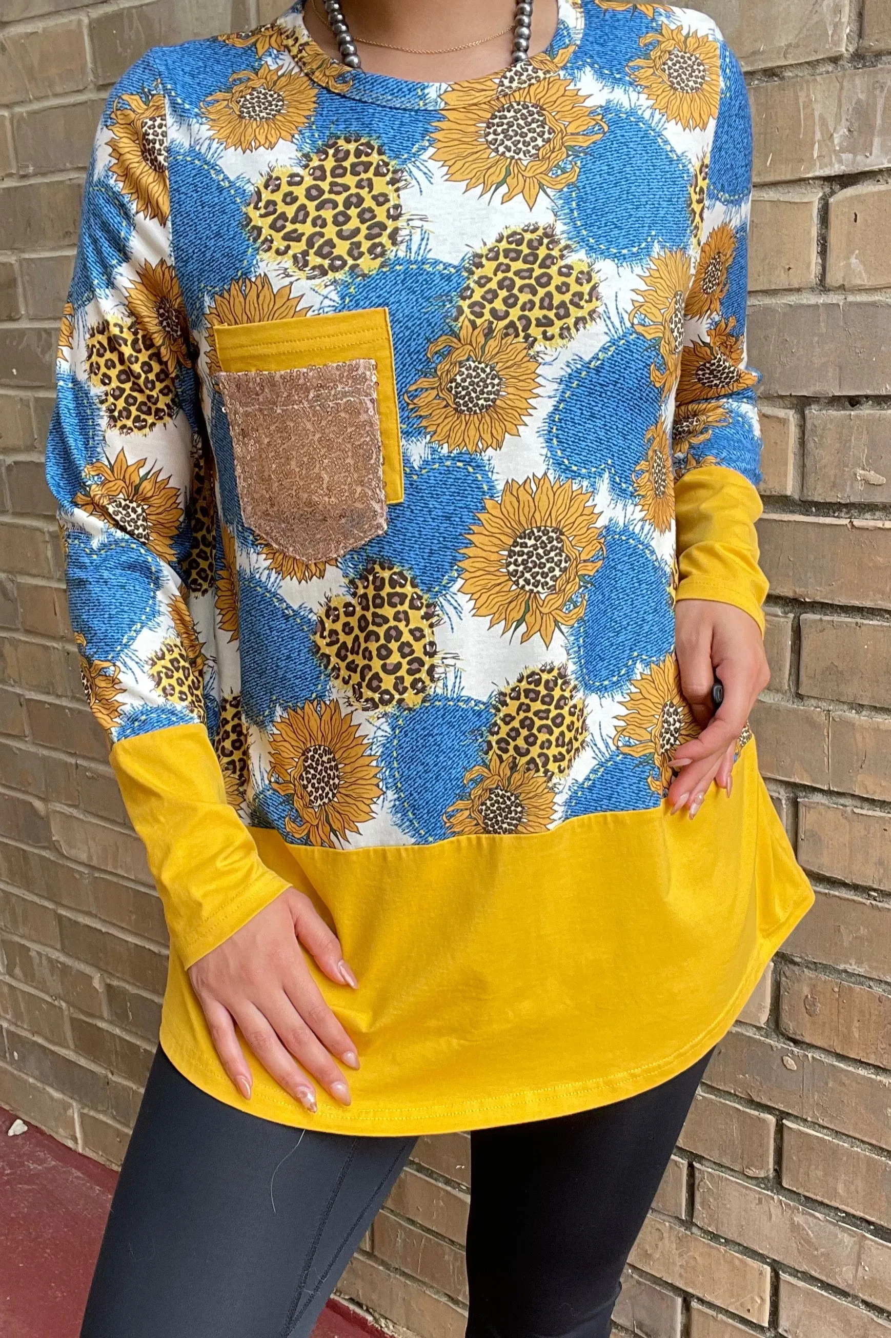 XCH10344 Blue & yellow sunflower printed long sleeve top w/sequin pocket CS8