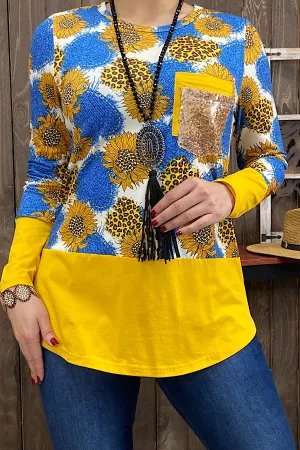 XCH10344 Blue & yellow sunflower printed long sleeve top w/sequin pocket CS8