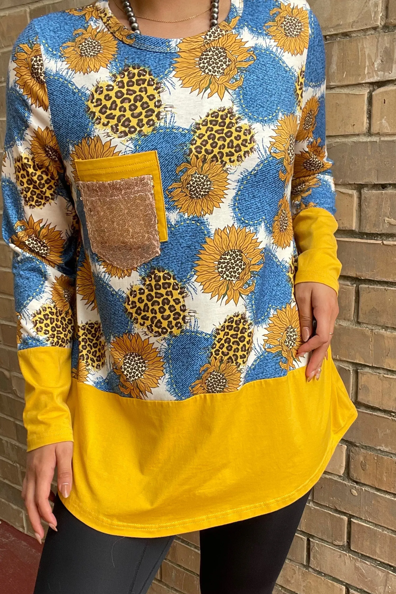 XCH10344 Blue & yellow sunflower printed long sleeve top w/sequin pocket CS8